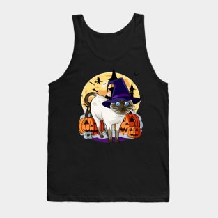 Siamese Cat Cute Witch Halloween Pumpkin Tank Top